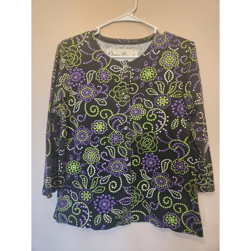 Onque Casuals Cardigan Womens Medium Purple Green Floral Dot Button Front Top